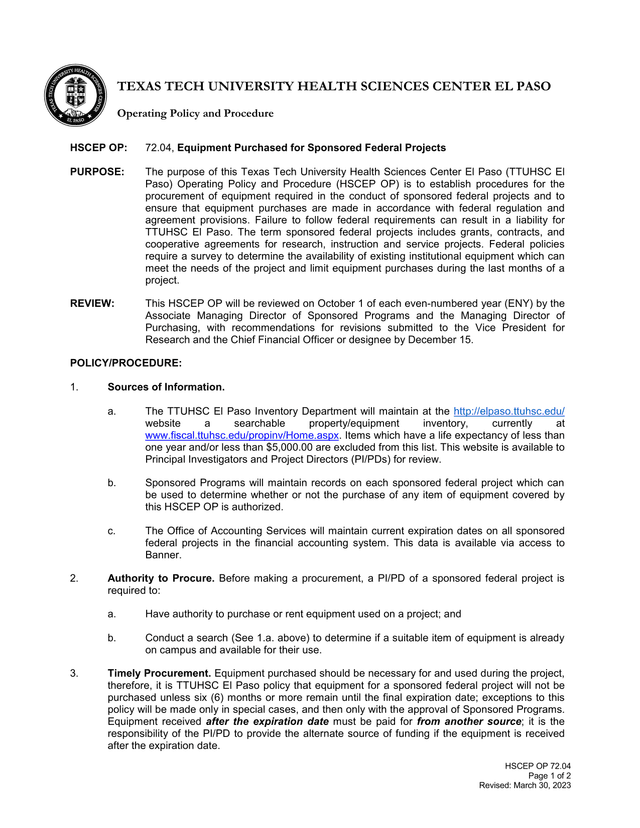 HSCEP OP 72.04 Equipment Purchased For Sponsored Federal Projects screenshot