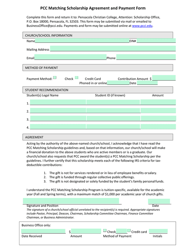 PCC Matching Scholarship Agreement And Payment Form screenshot