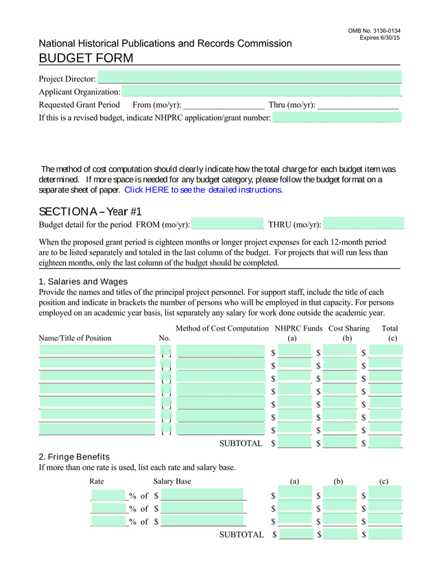 National Historical Publications And Records Commission Budget Form screenshot
