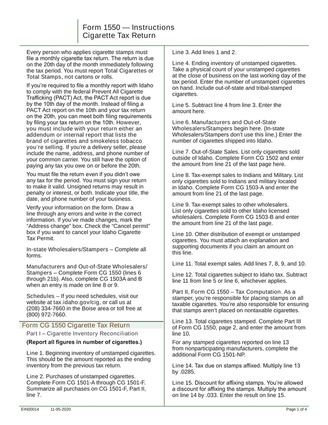 Form 1550  Instructions Cigarette Tax Return screenshot