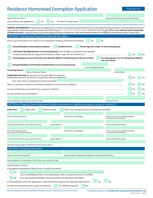 Residence Homestead Exemption Application screenshot