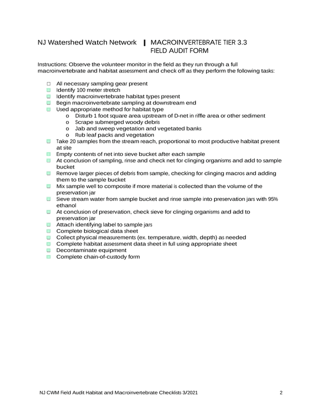 NJ Watershed Watch Network Macroinvertebrate Tier 3.3 Field Audit Form screenshot