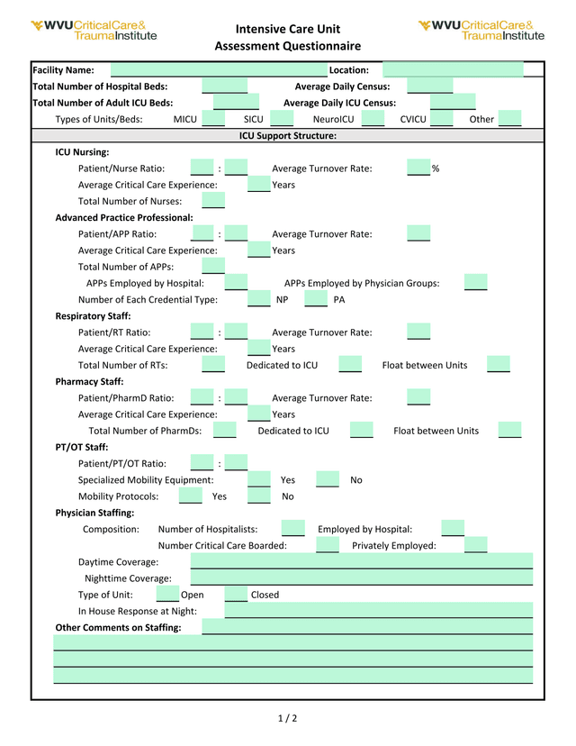 Intensive Care Unit Assessment Questionnaire screenshot