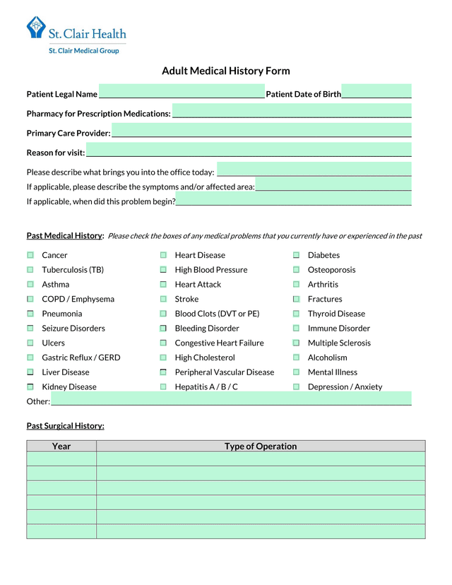 Adult Medical History Form screenshot