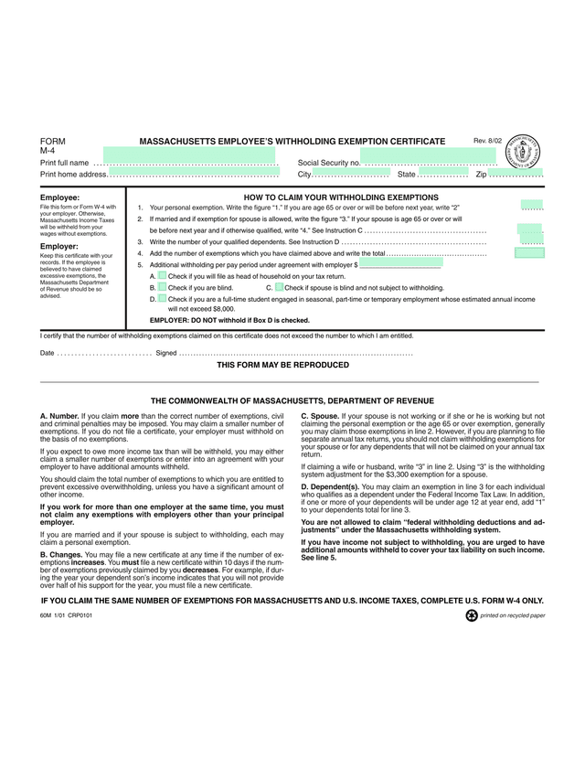 Massachusetts EmployeeS Withholding Exemption Certificate screenshot