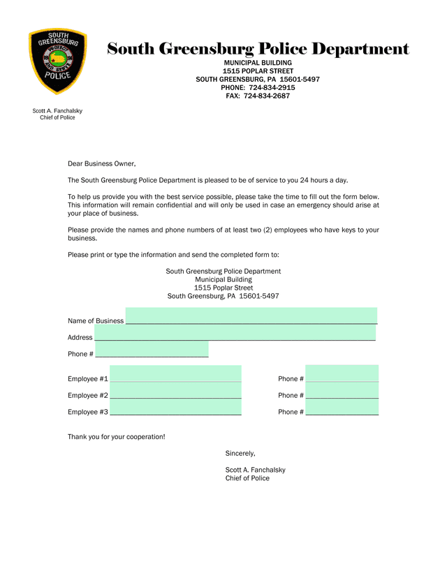 Business Emergency Contact Form screenshot