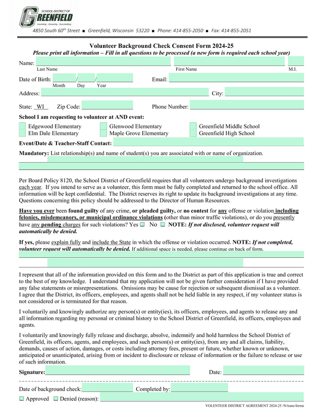 Volunteer Background Check Consent Form 2024 25 screenshot