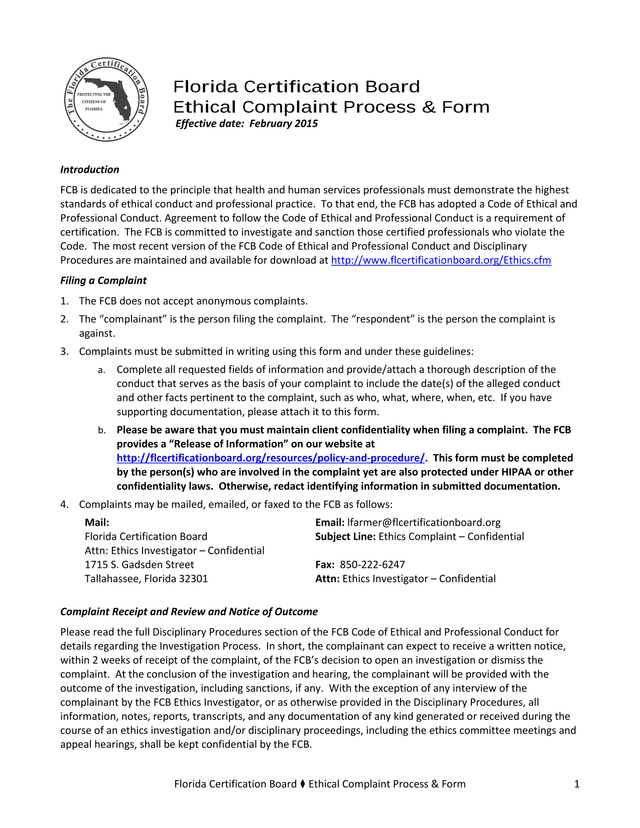 Florida Certification Board Ethical Complaint Process  Form screenshot