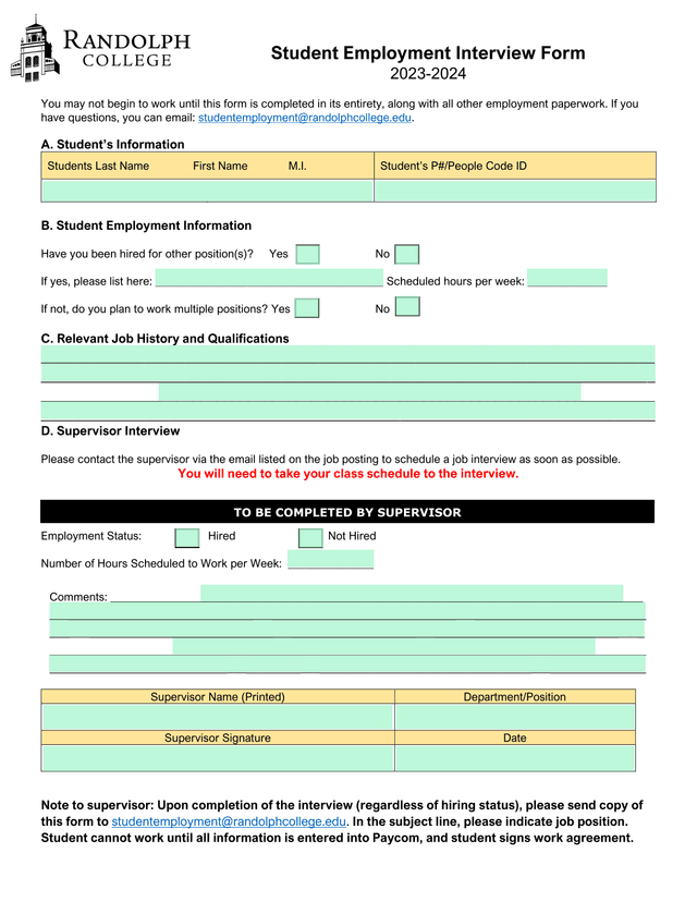 Student Employment Interview Form screenshot