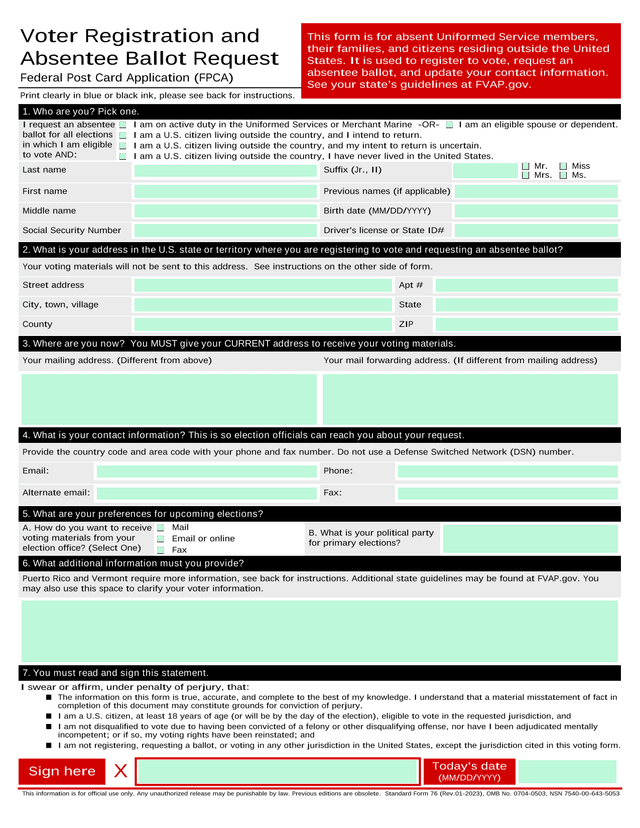 Federal Post Card Application (FPCA) screenshot