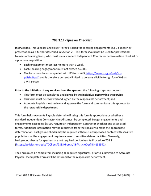 Form 708.3.1f Speaker Checklist screenshot