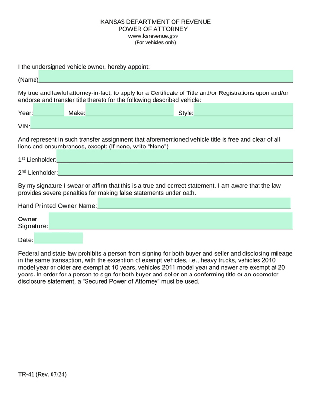 Kansas Department Of Revenue Power Of Attorney (For Vehicles) screenshot