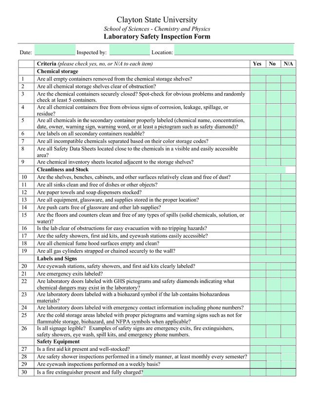 Laboratory Safety Inspection Form screenshot