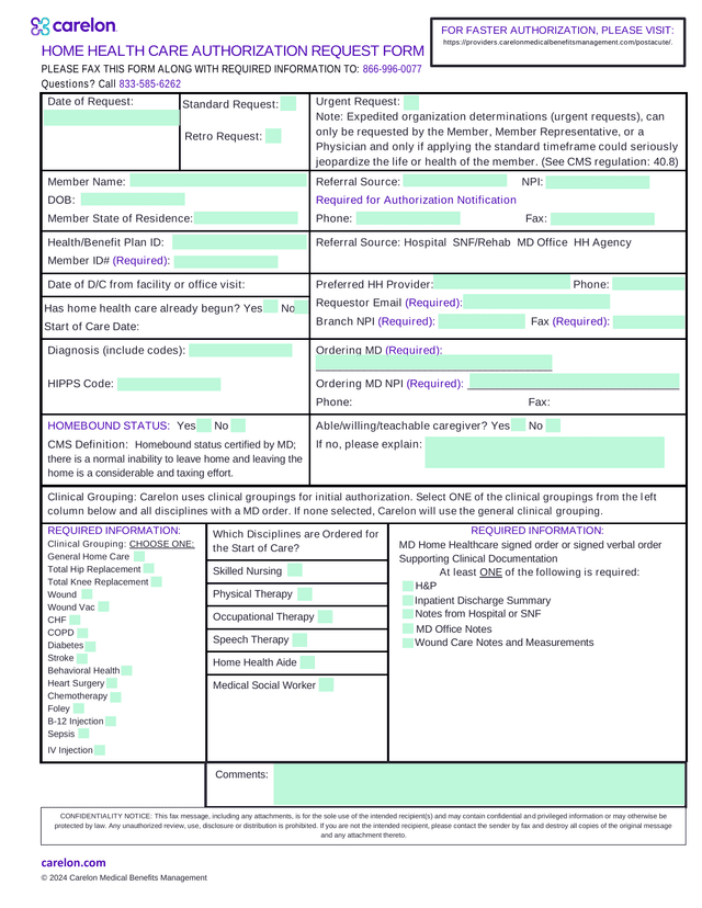 Home Health Care Authorization Request Form screenshot