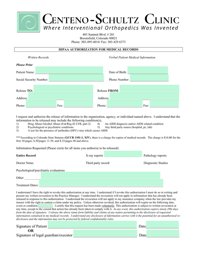 HIPAA AUTHORIZATION FOR MEDICAL RECORDS screenshot