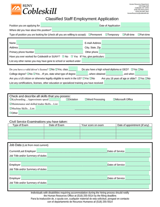 Classified Staff Employment Application screenshot
