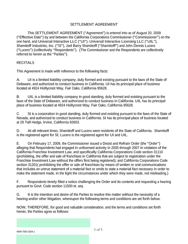 Settlement Agreement screenshot