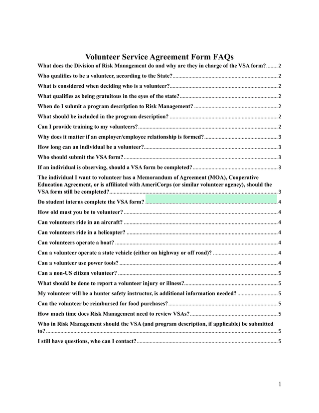 Volunteer Service Agreement Form FAQs screenshot