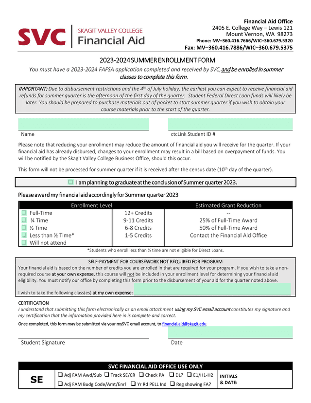 2023 2024 SUMMER ENROLLMENT FORM screenshot