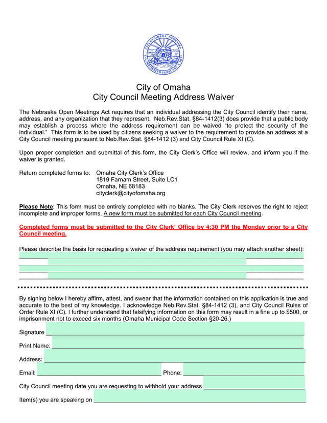 City Of Omaha City Council Meeting Address Waiver screenshot