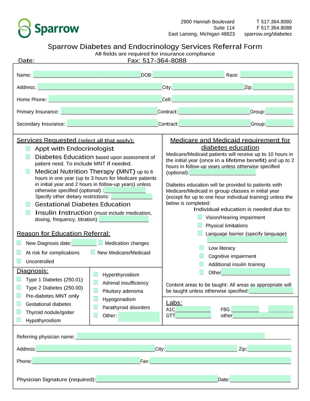 Sparrow Diabetes And Endocrinology Services Referral Form screenshot