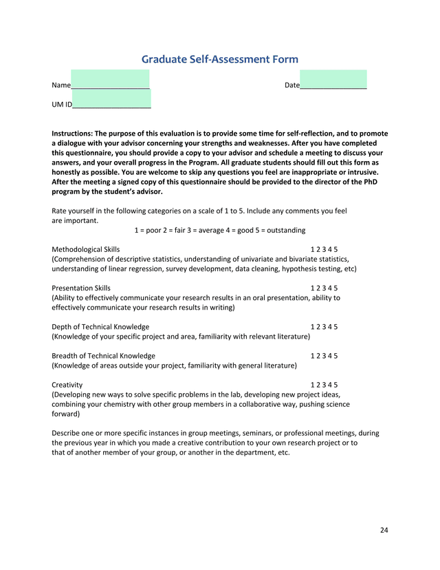 Graduate Self Assessment Form screenshot