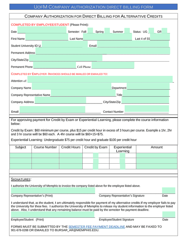 UOFM COMPANY AUTHORIZATION DIRECT BILLING FORM screenshot