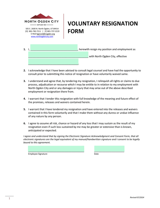 Voluntary Resignation Form screenshot