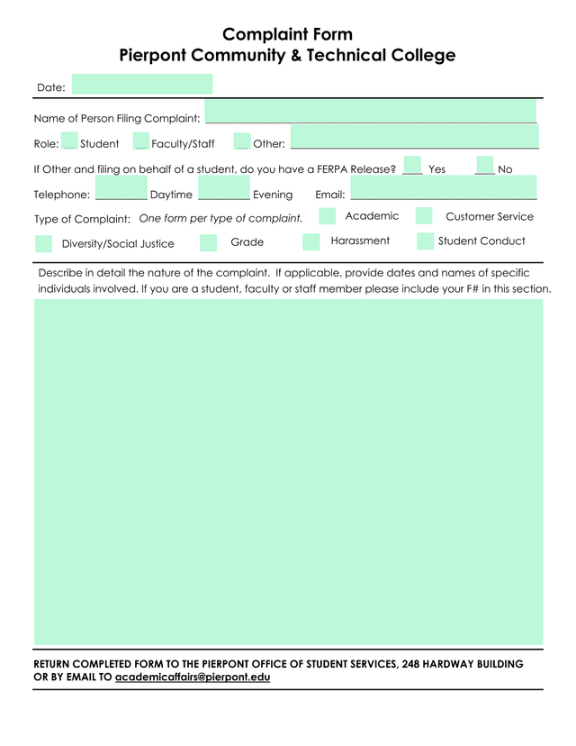 Complaint Form screenshot