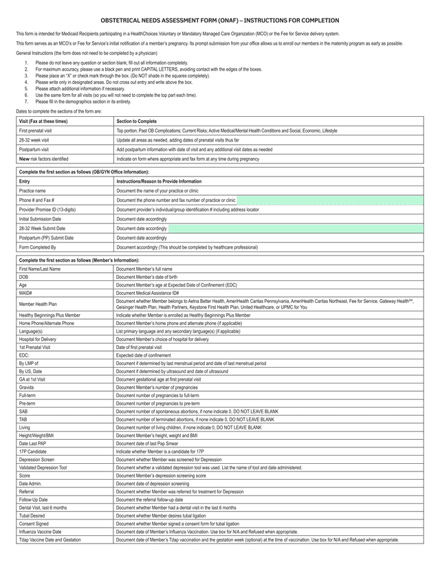 Obstetrical Needs Assessment Form (ONAF) screenshot