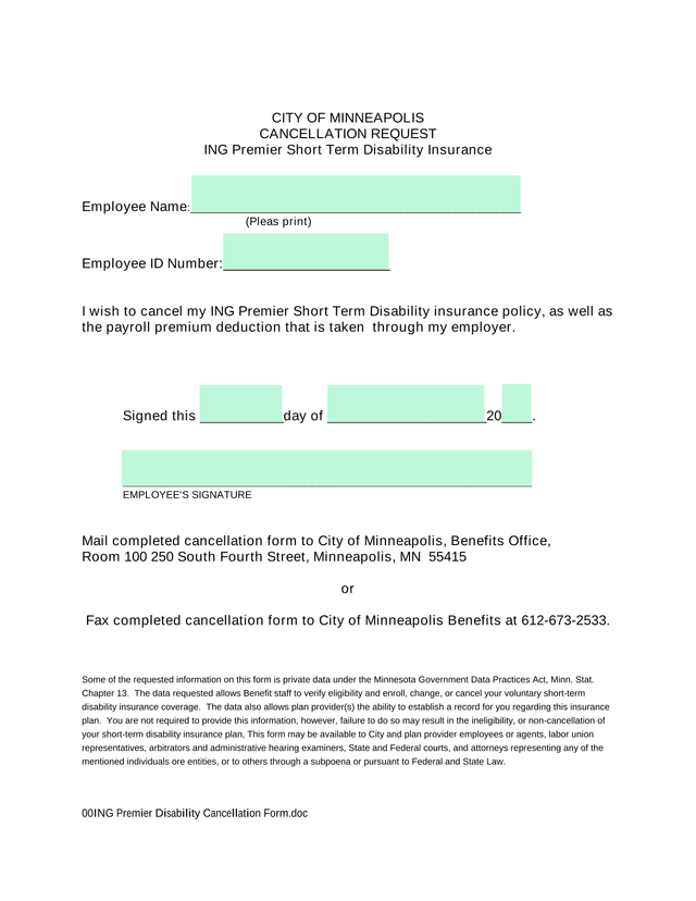 ING Premier Disability Cancellation Form screenshot