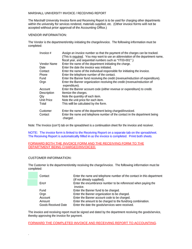 Marshall University Invoice  Receiving Report screenshot