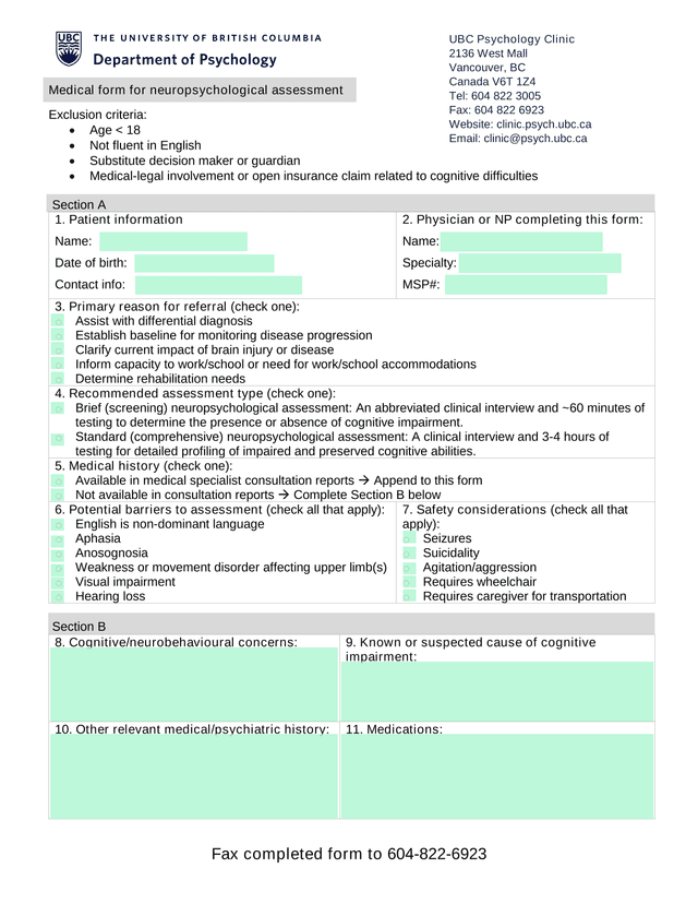 Medical Form For Neuropsychological Assessment screenshot