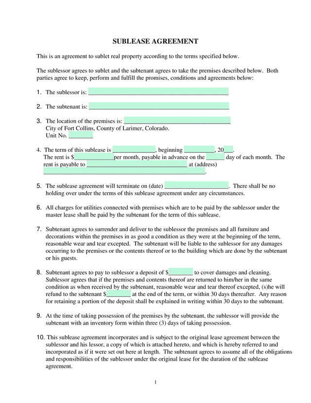 SUBLEASE AGREEMENT screenshot