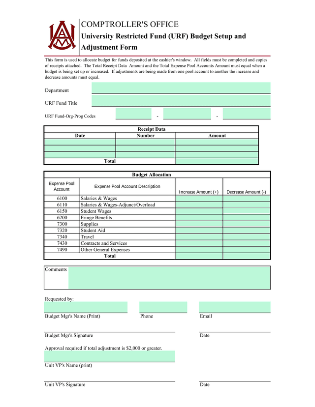 University Restricted Fund (URF) Budget Setup And Adjustment Form screenshot