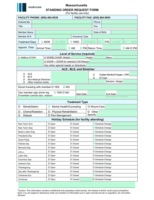 Massachusetts Standing Order Request Form screenshot