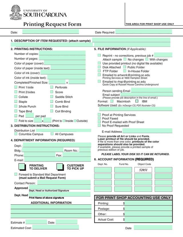 Printing Services Request Form screenshot
