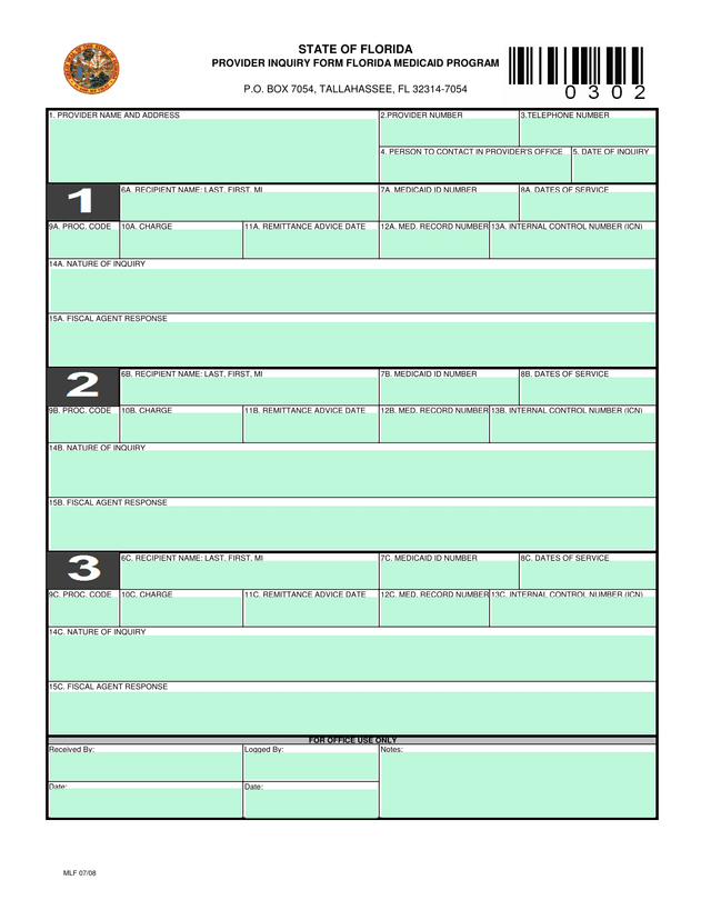 STATE OF FLORIDA PROVIDER INQUIRY FORM screenshot