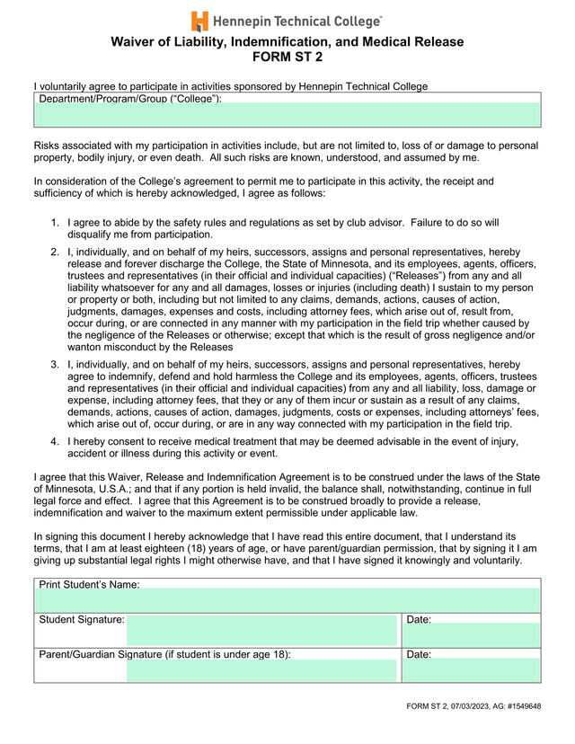 Waiver Of Liability, Indemnification, And Medical Release FORM ST 2 screenshot