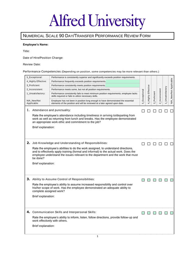 Numerical Scale 90 DayTransfer Performance Review Form screenshot