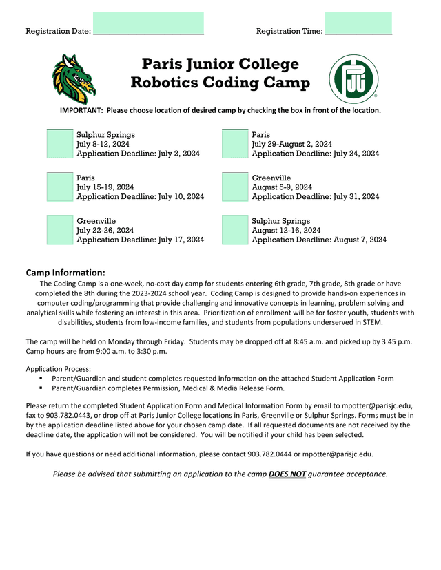 Paris Junior College Robotics Coding Camp Registration screenshot