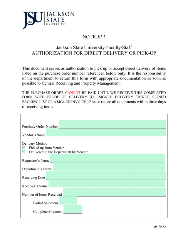 Jackson State University FacultyStaff AUTHORIZATION FOR DIRECT DELIVERY OR PICK UP screenshot
