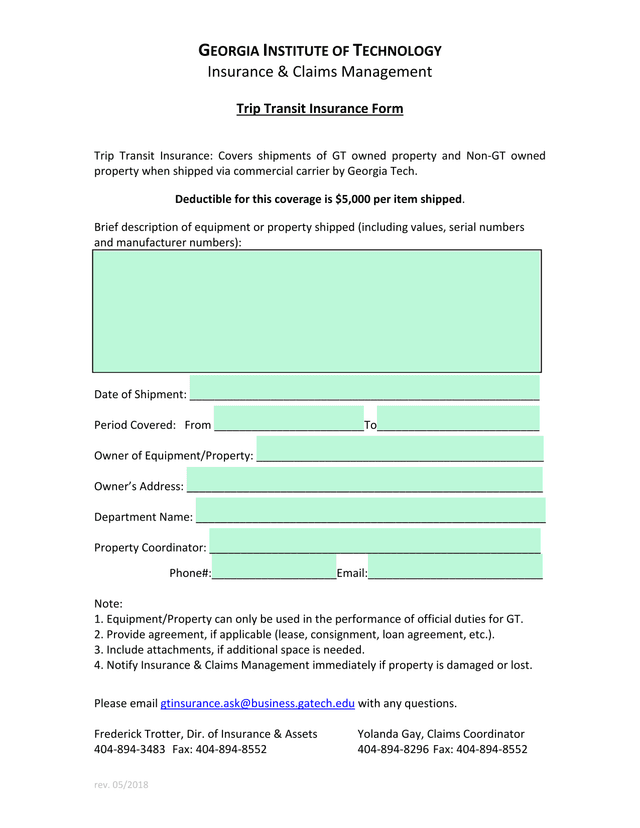 Trip Transit Insurance Form screenshot