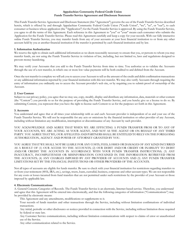 Funds Transfer Service Agreement And Disclosure Statement screenshot