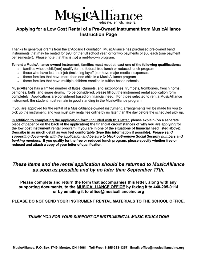 Applying For A Low Cost Rental Of A Pre Owned Instrument From MusicAlliance screenshot