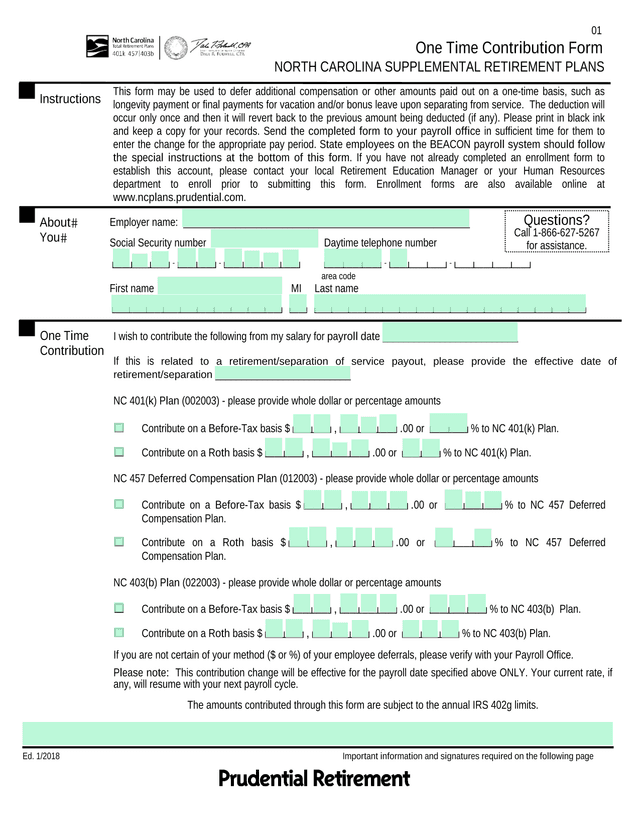North Carolina Supplemental Retirement Plans One Time Contribution Form screenshot