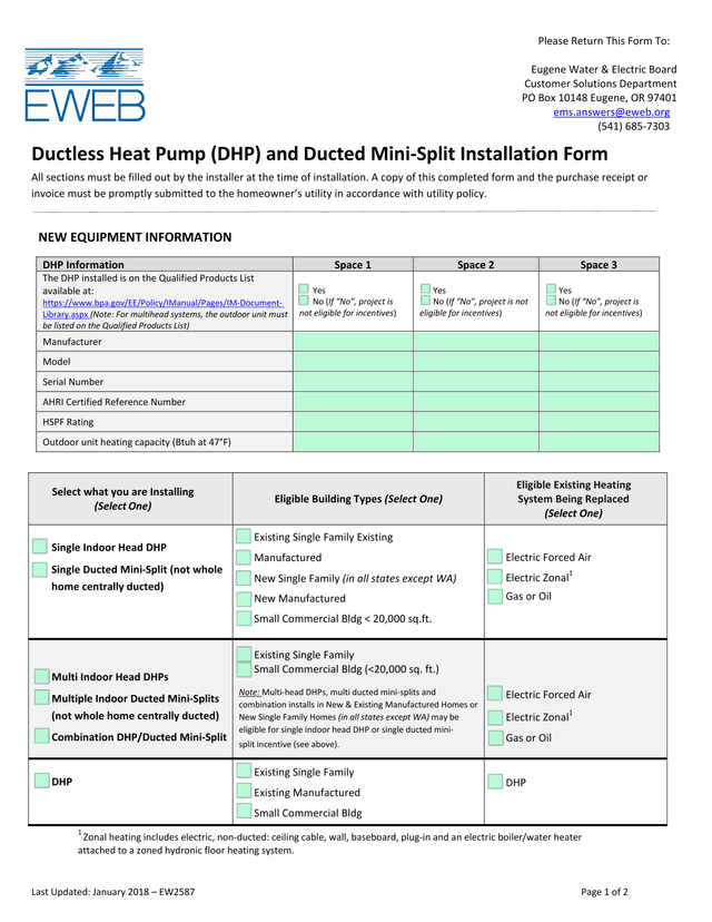 Ductless Heat Pump (DHP) And Ducted Mini Split Installation Form screenshot