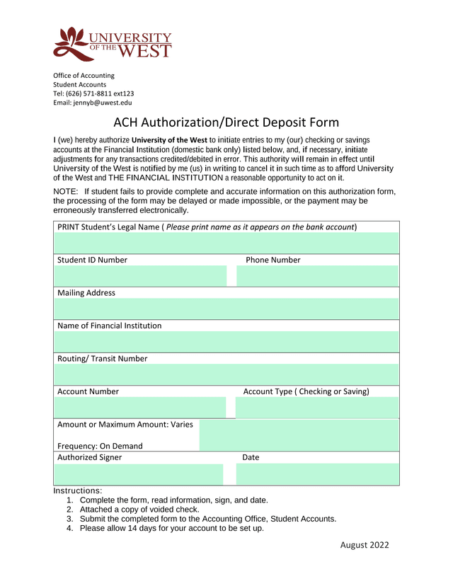 ACH AuthorizationDirect Deposit Form screenshot