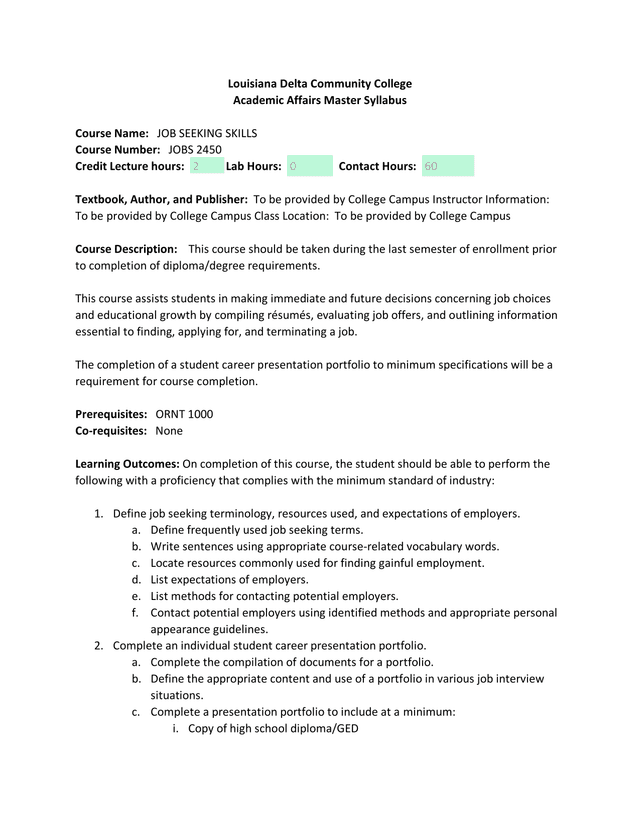 Louisiana Delta Community College Academic Affairs Master Syllabus screenshot