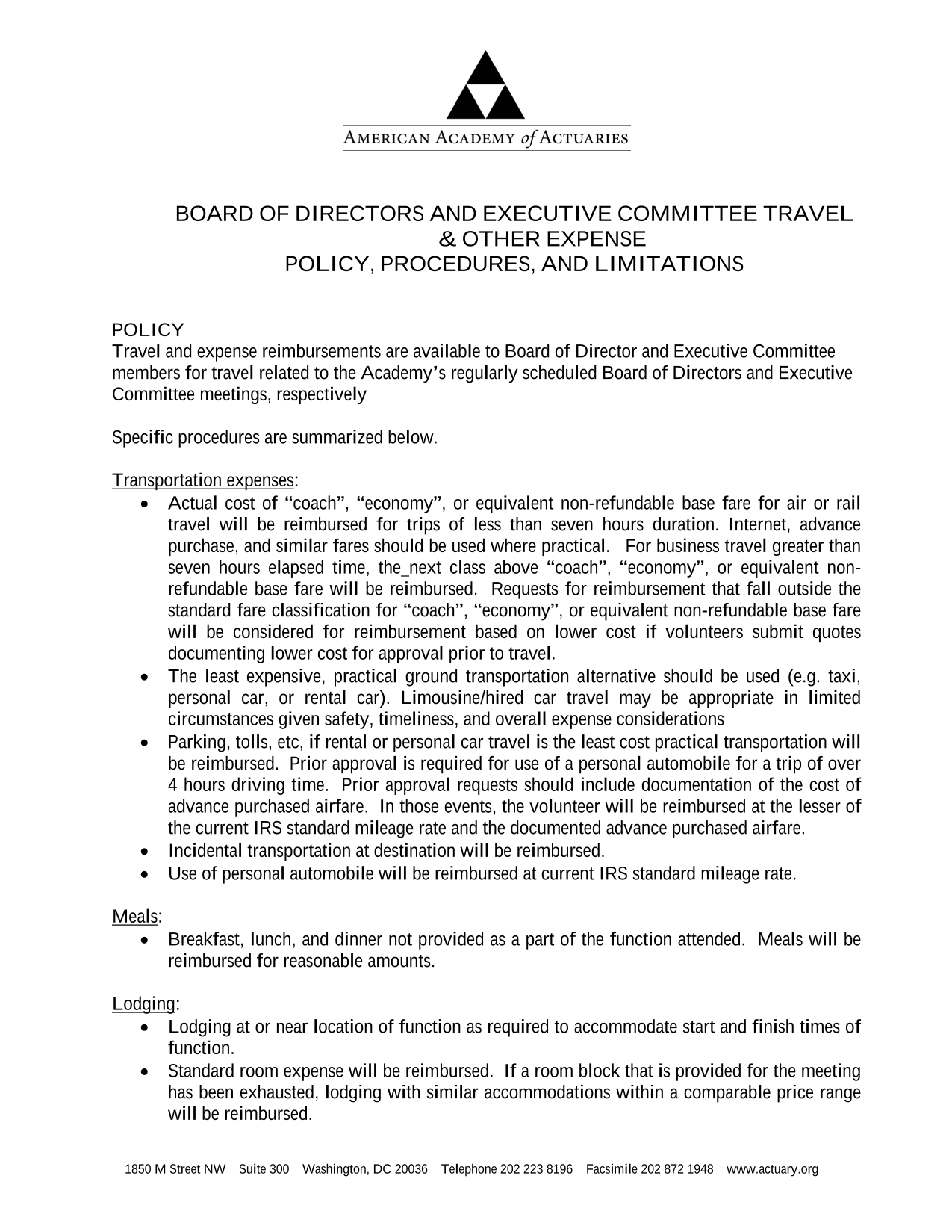 BOARD OF DIRECTORS AND EXECUTIVE COMMITTEE TRAVEL  OTHER EXPENSE POLICY, PROCEDURES, AND LIMITATIONS screenshot